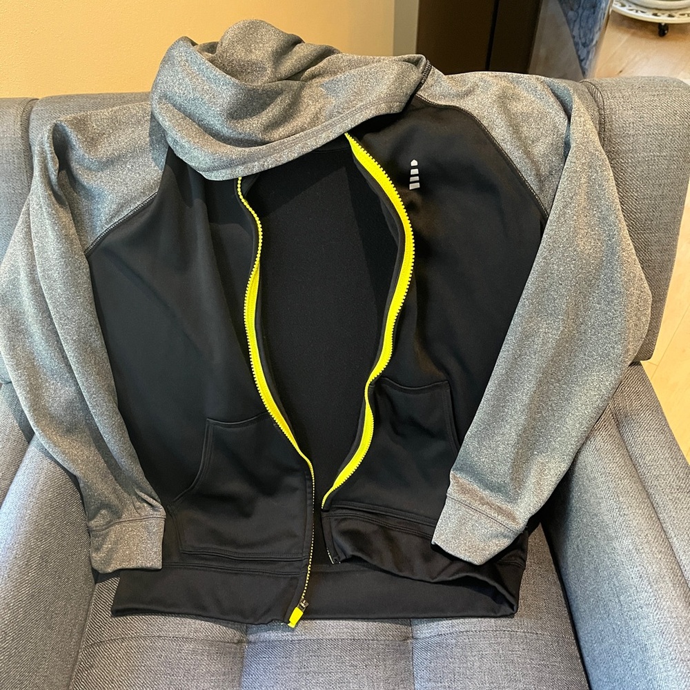 Large black and grey zip up polar fleece hoodie